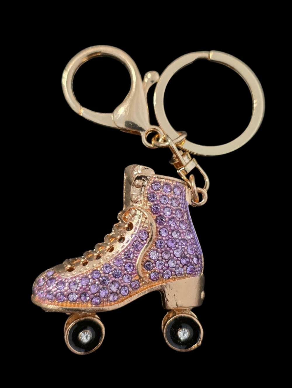 Gold-Tone Purple Crystal Roller Skate Bag Charm Keychain